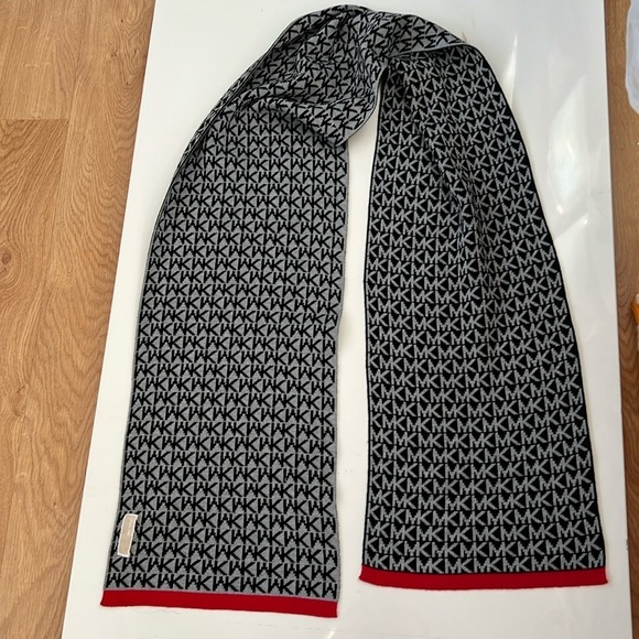 Michael Kors Logo Black Gray Red Knit Reversible Scarf 64” x 9.5” - Picture 1 of 3